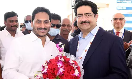 Chief Minister Jagan Mohan Reddy greets Aditya Birla Group Chairman Kumaramangalam Birla at Balabhadrapuram in East Godavari district on Thursday