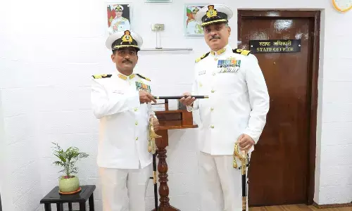 Commodore AS Dadwal (left) taking over as the Commanding Officer of INS Circars from Commodore Rahul Vilas Gokhale on Thursday