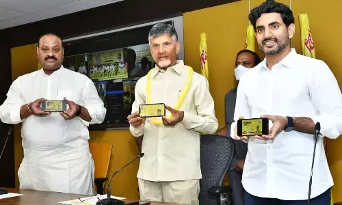 TDP national president N Chandrababu Naidu launches  party digital membership drive along with  national secretary Nara Lokesh, state president  K Atchannaidu at party office in Mangalagiri on Thursday