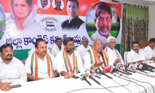 Senior Congress leader V Hanumantha Rao speaking to media persons in Khammam on Thursday