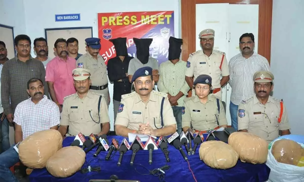 SP Rajendra Prasad briefing the media persons about the seizure of ganja at a press conference in Suryapet on Friday