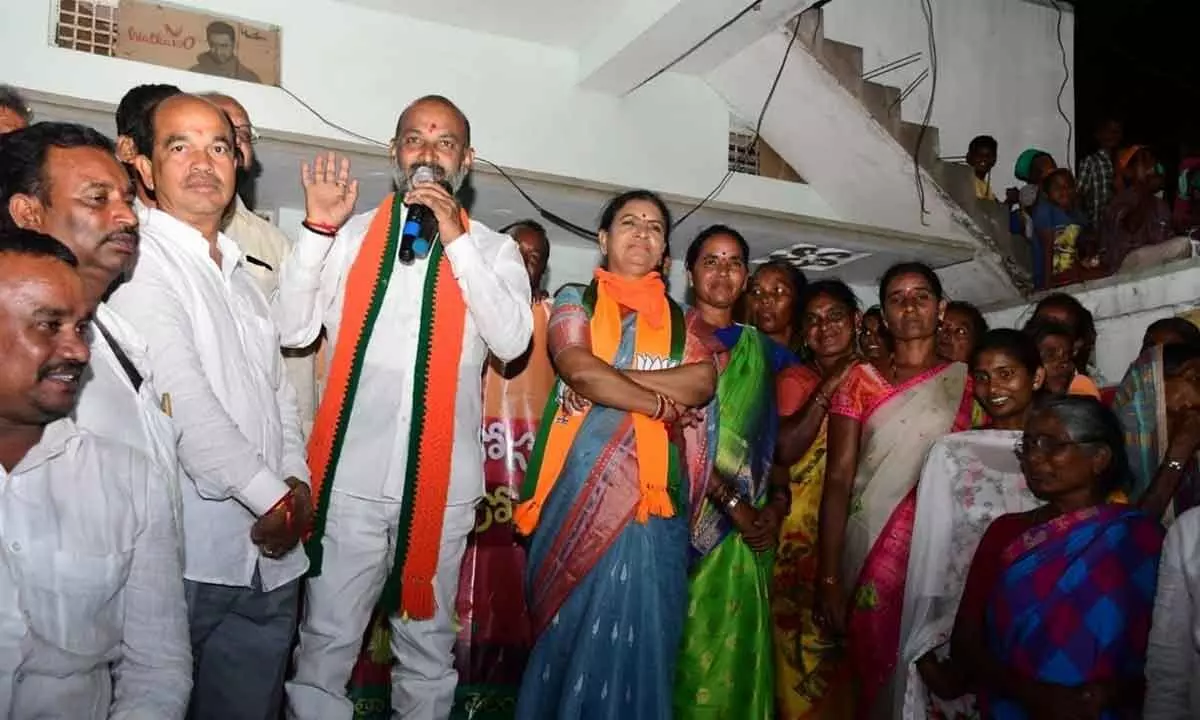 BJP State president Bandi Sanjay Kumar speaking during his Padayatra in Gadwal on Friday