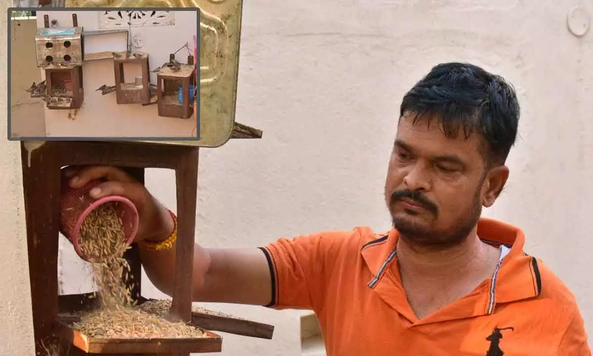 Bird lover Anantula Ramesh feeding birds at his house in Karimnagar