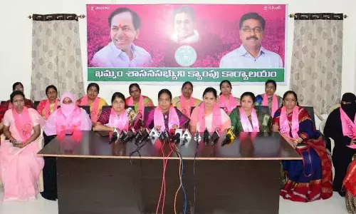 A group of women TRS leaders, corporators, Mayor P Neeraja and AMC Chairperson Laxmi Prasanna speaking to media persons in Khammam on Friday.