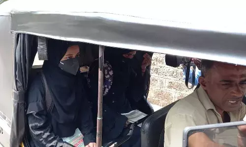 Alia Assadi and Resham leaving the examination hall after being denied permission to write exam wearing hijab in Udupi on Friday
