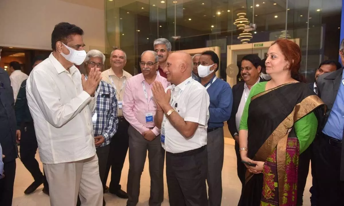 Managing Director of The Hyderabad Media House K Hanumanta Rao and  Chief Editor of The Hans India V Ramu Sarma, among others receiving Mizoram Governor K Hari Babu at the Bizz Buzz Business Conclave  that concluded in Visakhapatnam on Saturday