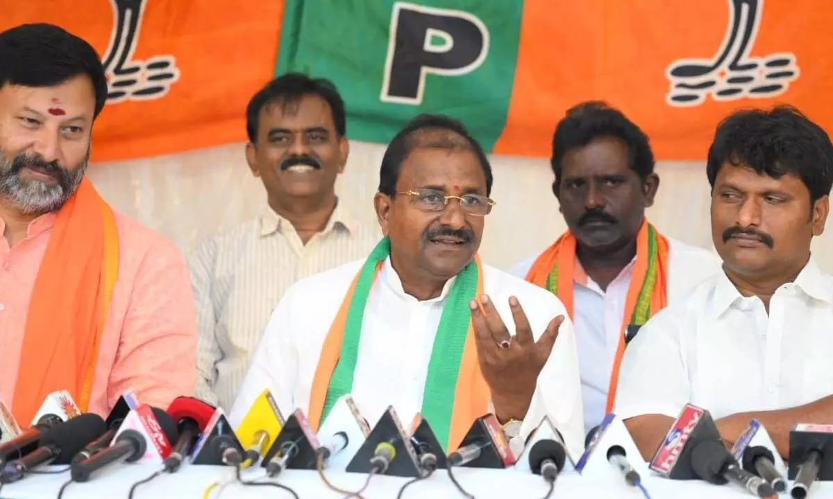 BJP state president Somu Veerraju addressing media in Tirupati on Saturday. Party leaders Bhanuprakash Reddy and others are also seen