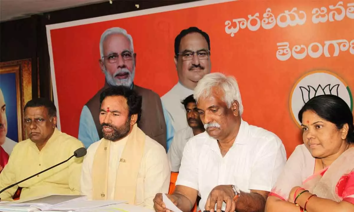 Union minister G Kishan Reddy addressing the media at the BJP state office at Nampally Hyderabad on Saturday