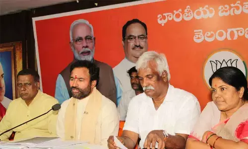 Union minister G Kishan Reddy addressing the media at the BJP state office at Nampally Hyderabad on Saturday