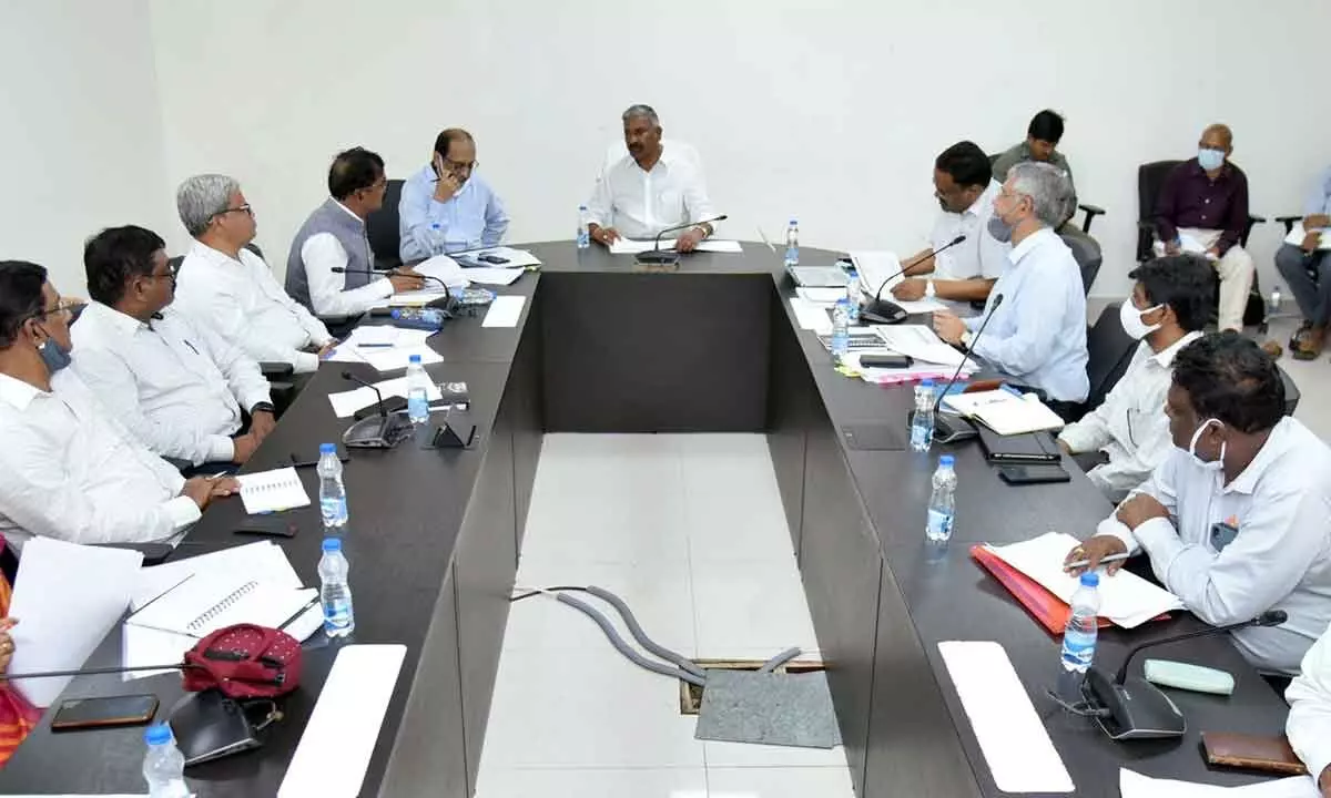 Minister Peddireddi Ramachandra Reddy holding a review meeting with officials at the Secretariat at Velagapudi on Monday