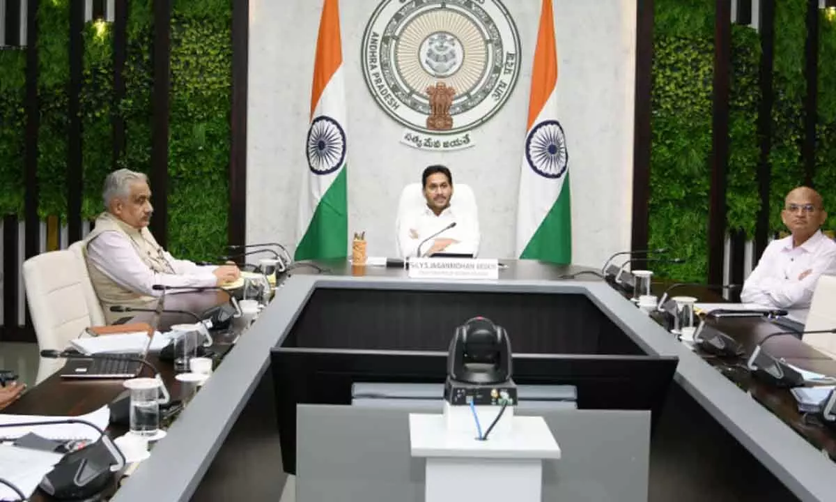 Chief Minister Y S Jagan Mohan Reddy along with senior officials at his camp office in Tadepalli on Monday taking part in a video-conference on ‘Natural farming’ organised by the NITI Aayog