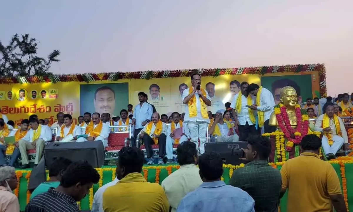 TDP politburo member Nakka Anand Babu addressing the meeting on the inauguration of TDP Bapatla parliament constituency office in Bapatla on Monday. TDP State president K Atchannaidu is also seen.