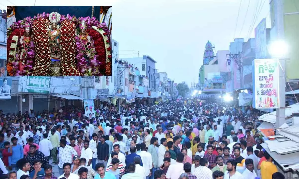 Devotees participating in Sri Chennakesava Swamy Ratha Yatra in Markapuram on Monday; Bhudevi Sridevi Sametha Sri Lakshmi Chennakesava Swamy (Inset Pic)