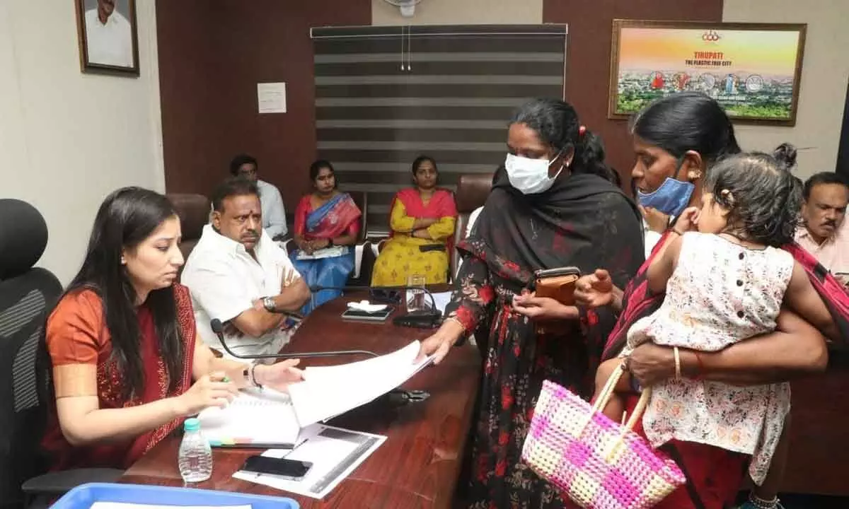 Municipal Commissioner Anupama Anjali receiving complaints from people during Spandana programme at Municipal Office in Tirupati on Monday.