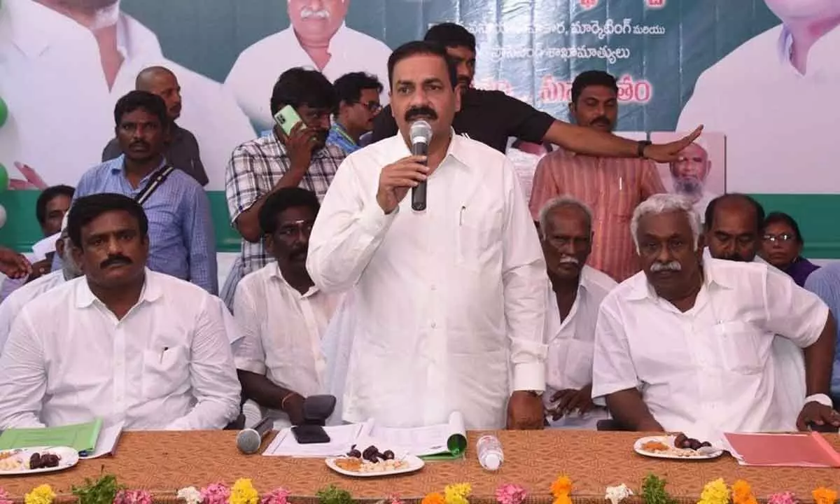 Agriculture Minister K Govardhan Reddy addressing at District Cooperative Central Bank premises in Nellore on Monday