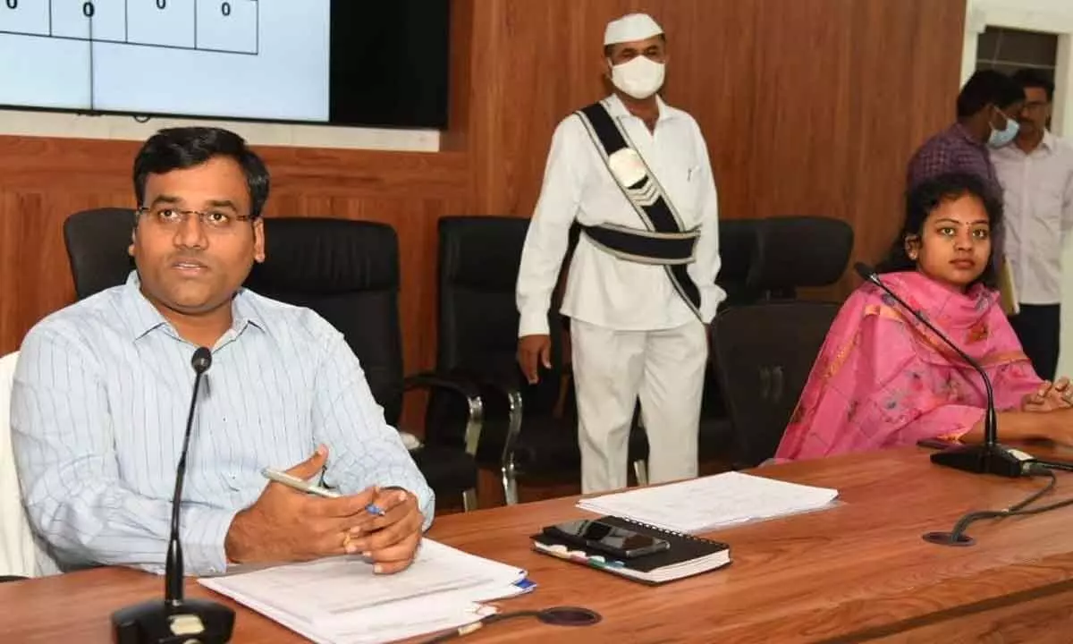 District Collector K V N Chakradhar Babu holds a review meeting with officials in Nellore on Monday