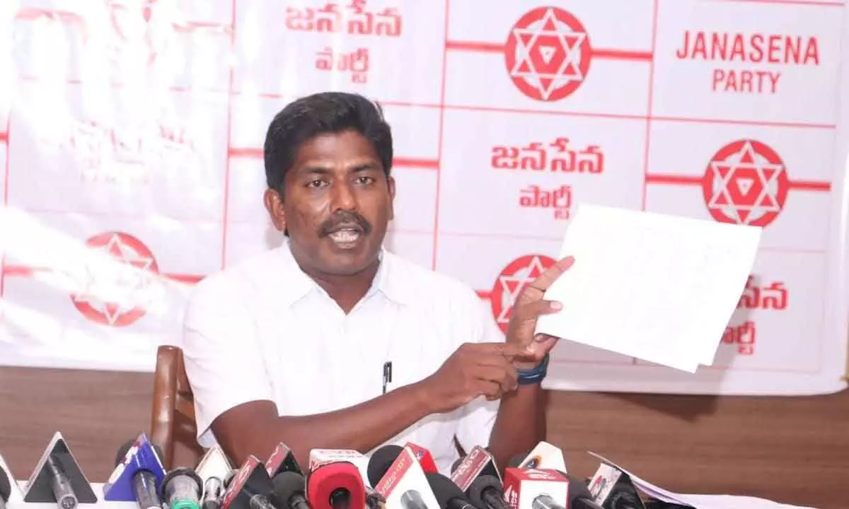 JSP corporator P Murthy Yadav speaking to the media in Visakhapatnam on Monday