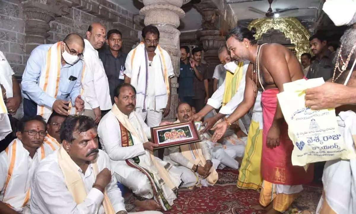 Endowments Minister Kottu Satyanarayana  and  Education Minister Botcha Satyanarayana taking part in the inaugural function of the renovated Kodandarama Swamy temple at Ramateertham on Monday