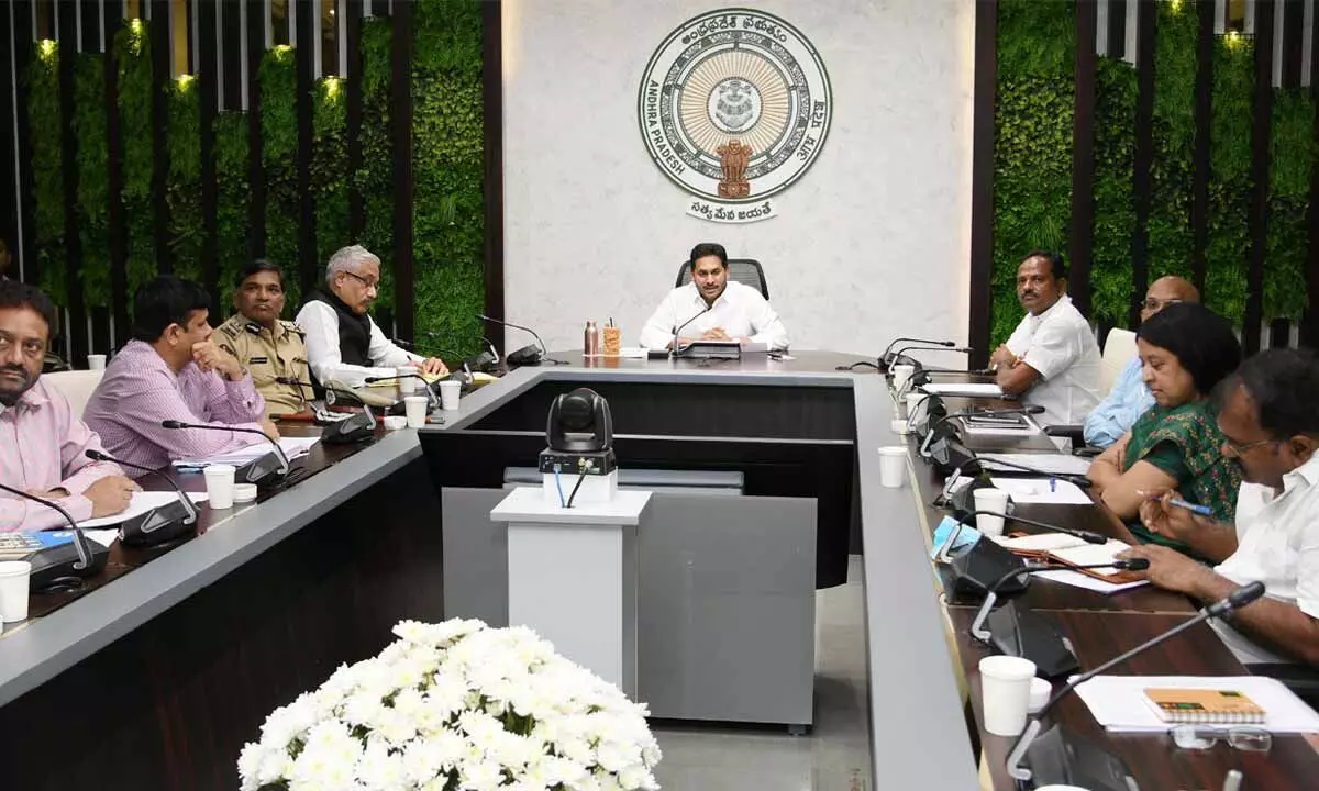 Chief Minister Y S Jagan Mohan Reddy holds a videoconference with district collectors and SPs as part of Spandana programme, from his camp office in Tadepalli on Wednesday
