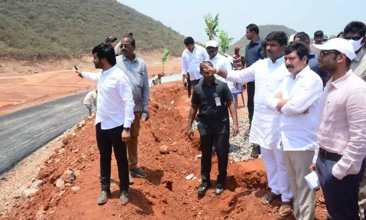 Minister Jogi Ramesh along with Deputy CM P Rajanna Dora, IT Minister G Amarnath examining the arrangements for CM’s visit in Anakapalle district, on Tuesday