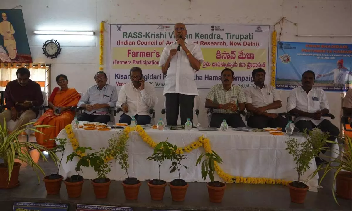 RASS-Krishi Vignana Kendra (KVK) chairman S Venkatratnam speaking at the Kisan Mela at Karakambadi on Tuesday