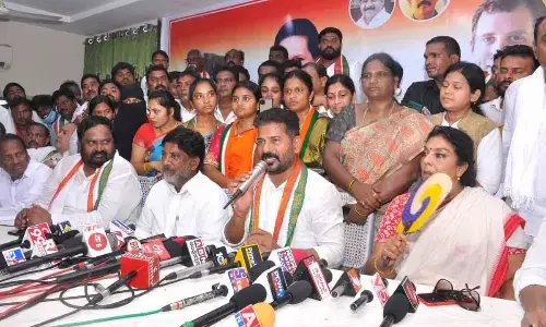 TPCC president Revanth Reddy speaking to media persons in Khammam on Tuesday