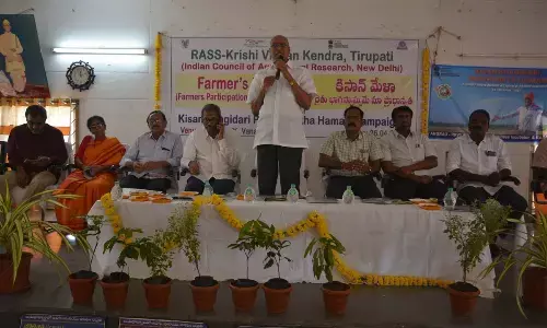 RASS-Krishi Vignana Kendra (KVK) chairman S Venkatratnam speaking at the Kisan Mela at Karakambadi on Tuesday