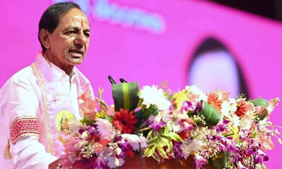 Chief Minister KCR addressing the TRS plenary on the occasion of its 21st foundation day in Hyderabad on Wednesday