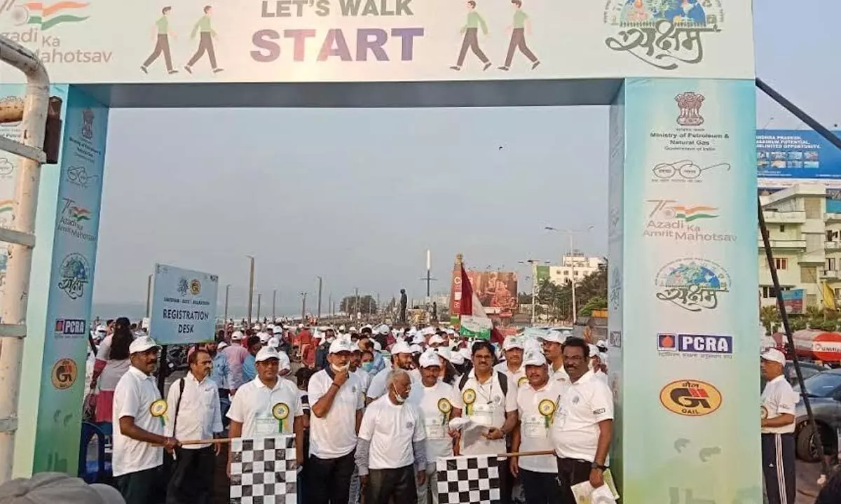 Participants at the walkathon organised by GAIL at Beach Road in Visakhapatnam on Wednesday