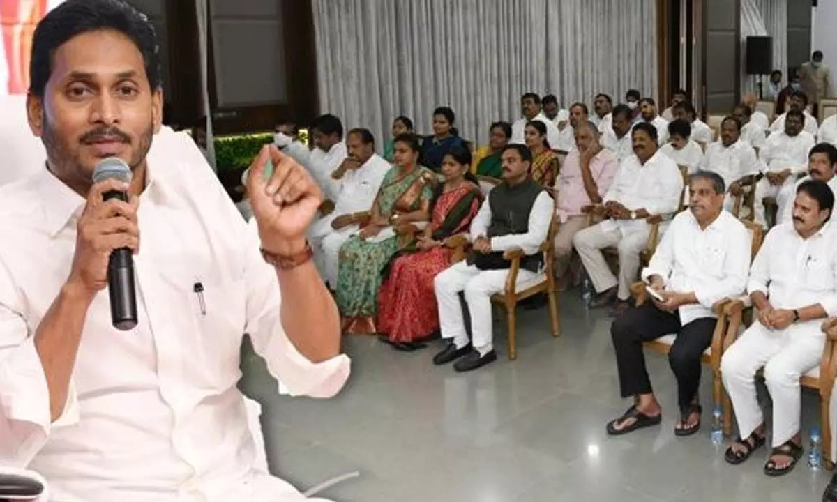 Chief Minister and YSRCP president Y S Jagan Mohan Reddy addresses a meeting of party district in-charge ministers, regional coordinators and district presidents at his camp office in Tadepalli on Wednesday
