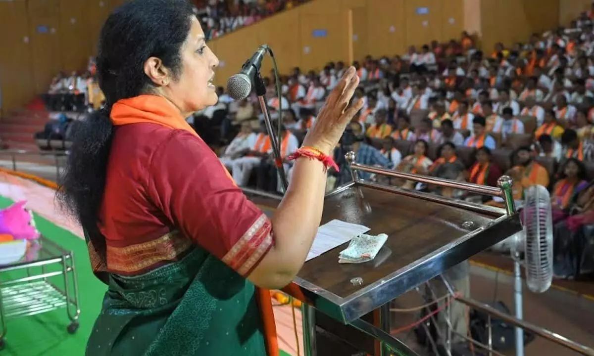 BJP national general secretary Daggubati Purandeswari speaking at the  Uttarandhra BJP zonal meeting held in Visakhapatnam on Wednesday