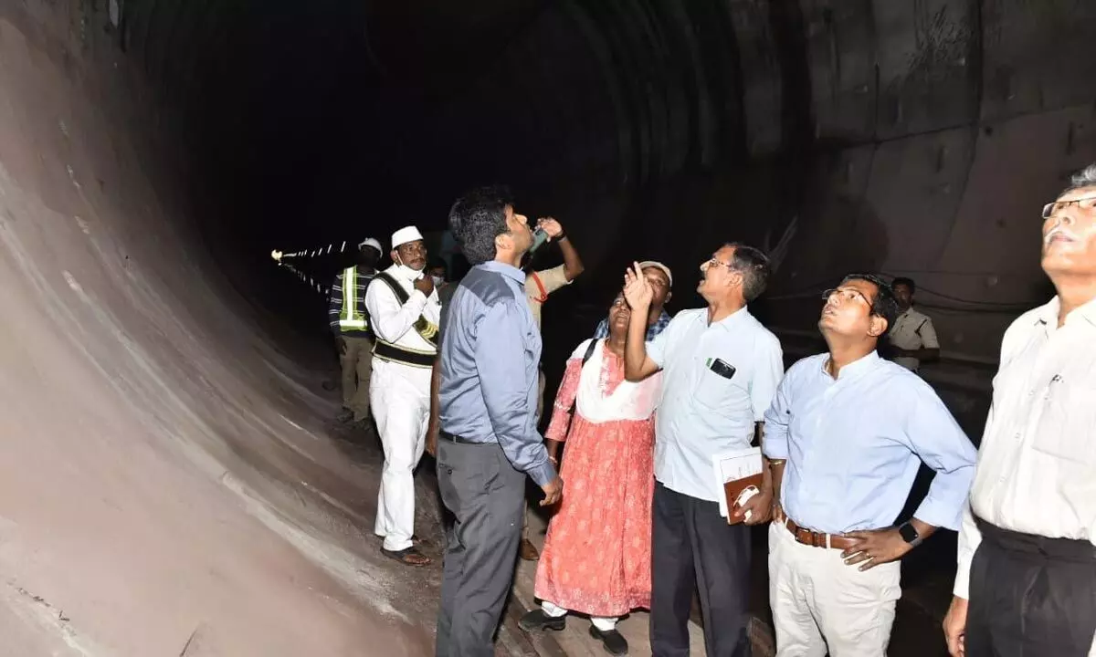 Prakasam District Collector AS Dinesh Kumar, Joint Collector Abhishikt Kishore and other officials inspecting the second tunnel works of Veligonda project on Wednesday