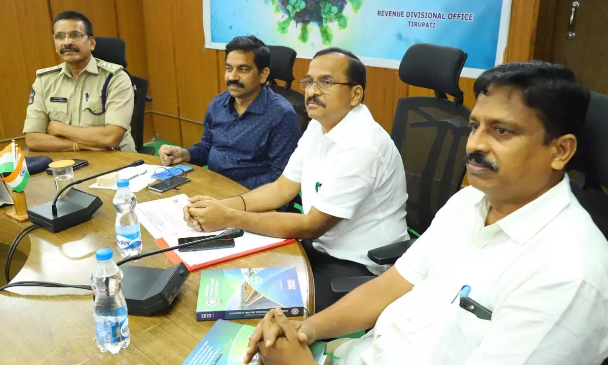 RDO V Kanaka Narasa Reddy holds a meeting with ambulance operators in Tirupati on Wednesday. DTO K Seetha Rami Reddy and DSP Murali Krishna are also seen.