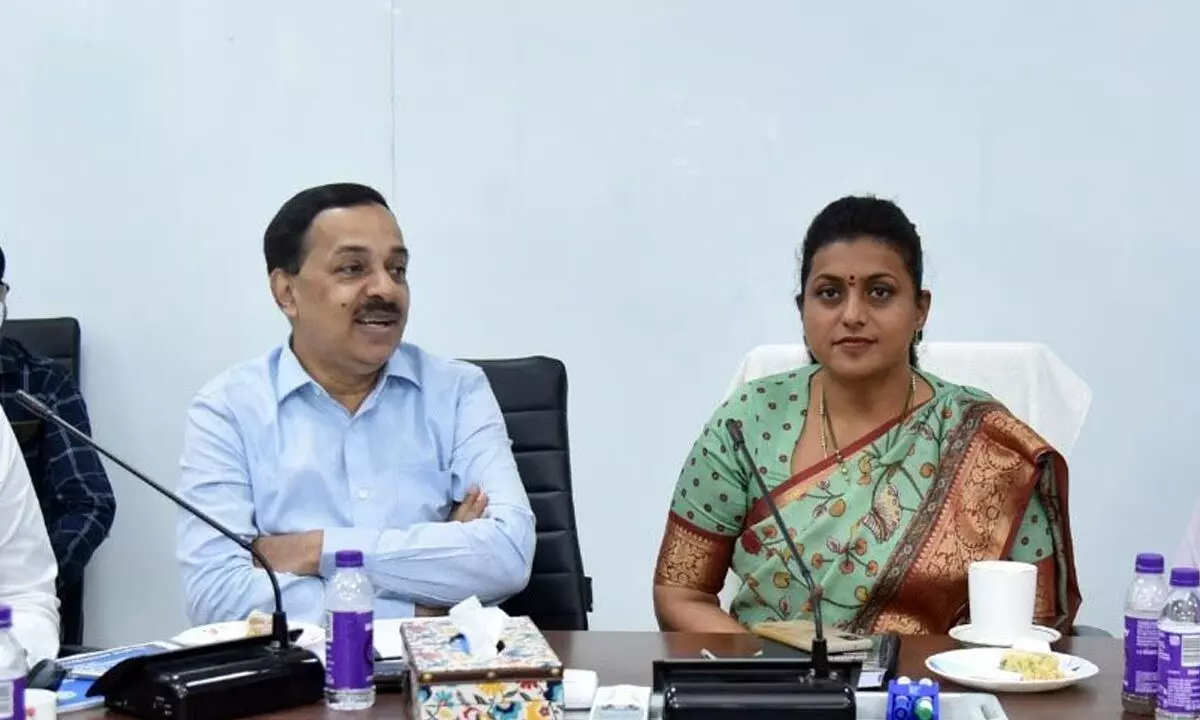 Tourism Minister RK Roja at a review meeting with the official sof Tourism department at Velagapudi on Wednesday