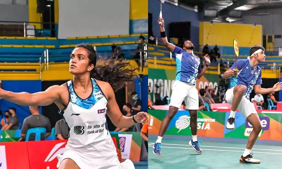 Indias PV Sindhu in action during the womens singles match in the Badminton Asia Championships 2022 at Muntinlupa, Philippines on Thursday; Satwiksairaj Rankireddy (left) and Chirag Shetty competes against Japans Akira Koga and Taichi Saito during their mens doubles match