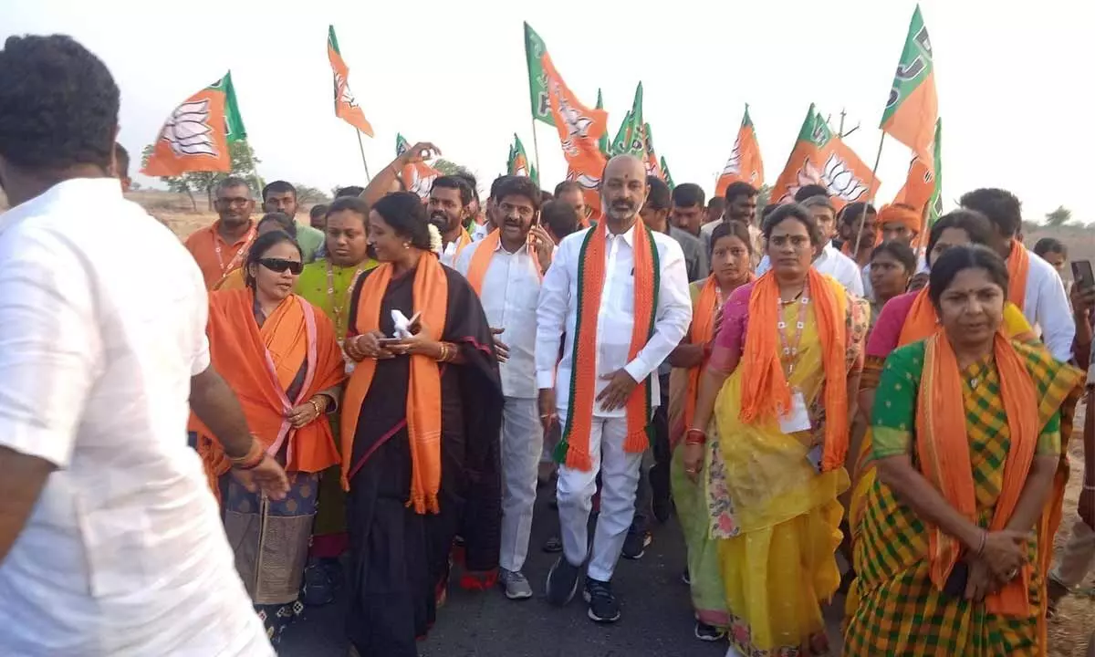 BJP state president Bandi Sanjay Kumar during the second phase of Praja Sangrama Yatra in Makthal constituency in Narayanpet district on Thursday.