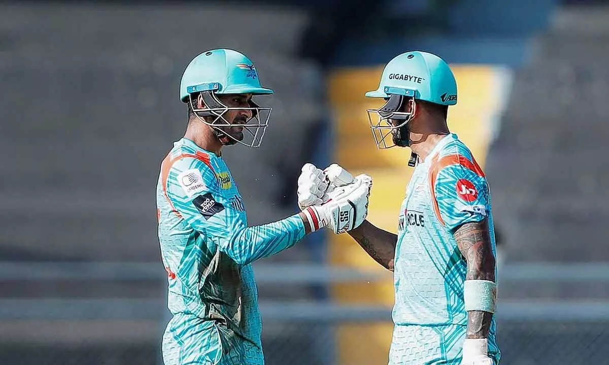 Deepak Hooda of Lucknow Super Giants being congratulated by team captain KL Rahul after his half century, during the IPL match against Delhi Capitals at the Wankhede Stadium in Mumbai on Sunday