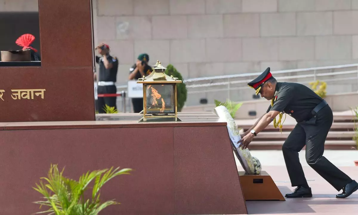 Chief of the Army Staff General  Manoj Pande pays tribute at the National War Memorial, in  New Delhi on Sunday