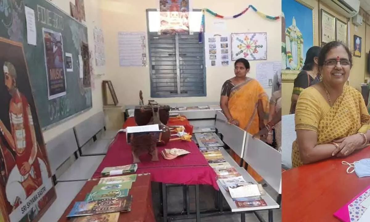 Head of Telugu department Dr V Krishnaveni explaining the concept of exhibition organised in view of the NAAC team visit(Left); SPW Degree College Principal Dr K Mahadevamma (Right)