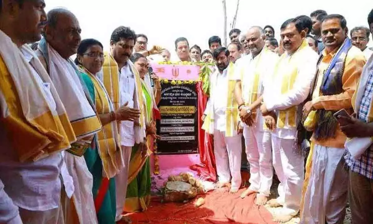 Minister Jagadish Reddy laying the foundation stone for Brahmin Apara Karmashala in Suryapet on Monday