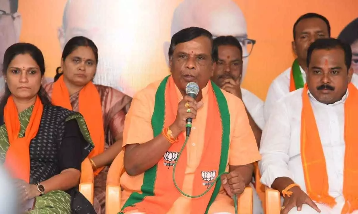 BJP leader Dhanpal Suryanarayana speaking to reporters in Nizamabad on Monday