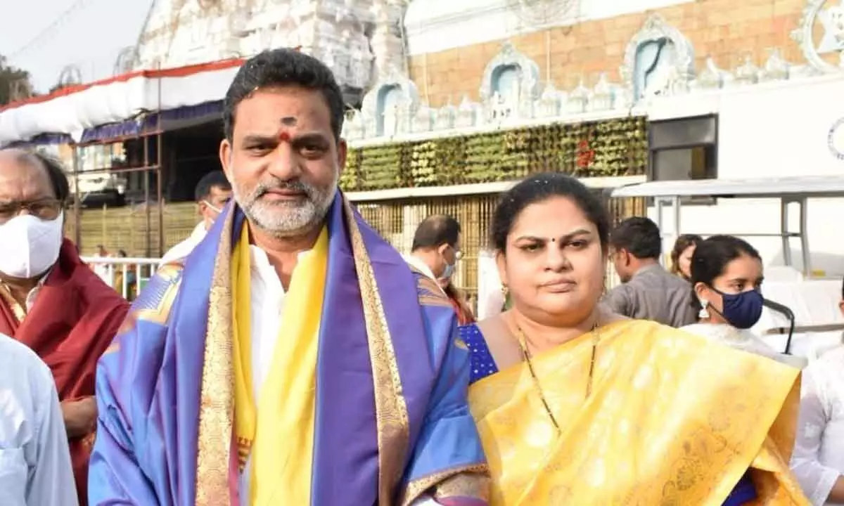 Telangana State BC Commission Chairman Vakulabharanam Krishna Mohanarao with his spouse at Tirumala temple after darshan on Monday