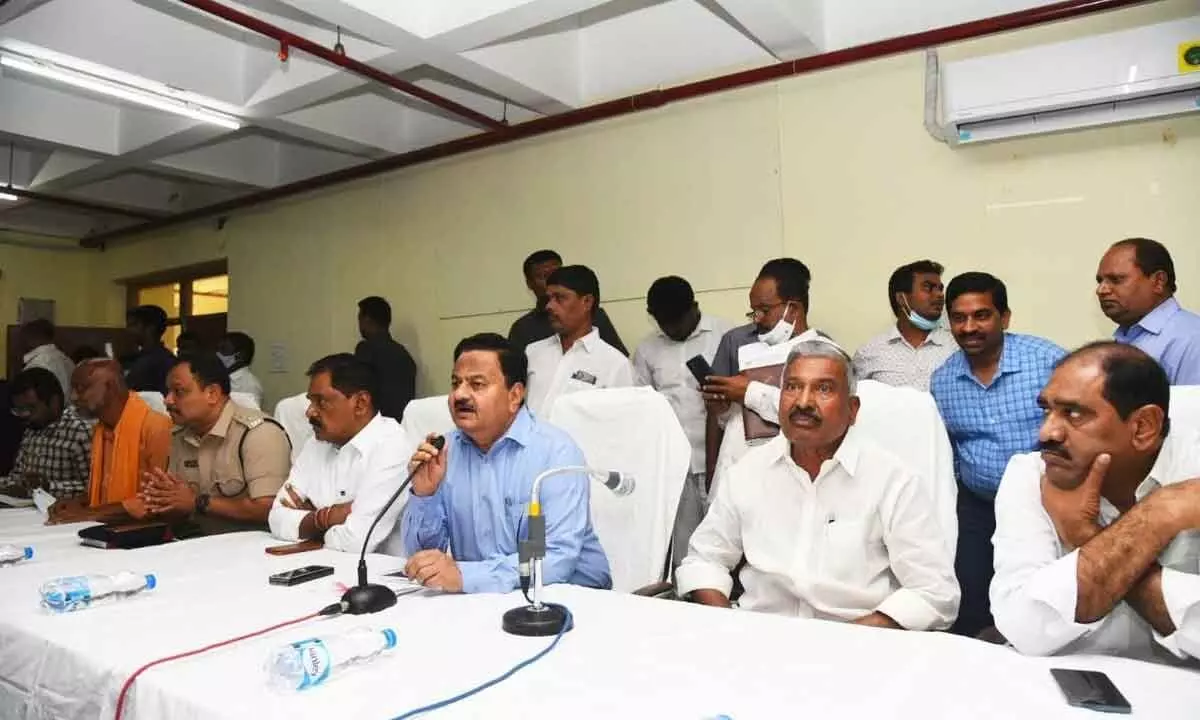 Collector K Venkata Ramana Reddy addressing a review meeting on CMs visit at Tirupati collectorate on Monday. Deputy CM K Narayana Swamy, minister Peddireddi Ramachandra Reddy, SP S Parameswar Reddy and others are also seen.