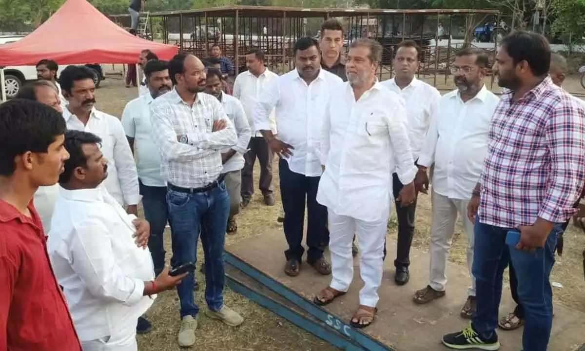Former deputy chief minister Damodar Raja Narasimha along with Warangal DCC president Naini Rajender Reddy inspecting the arrangements for Rahul Gandhi’s public meeting at Arts and Science College Grounds in Hanumakonda on Tuesday