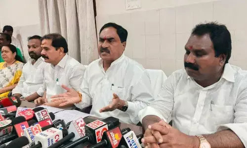 Minister for Panchayat Raj Errabelli Dayakar Rao speaking to media persons in Hanumakonda on Tuesday.
