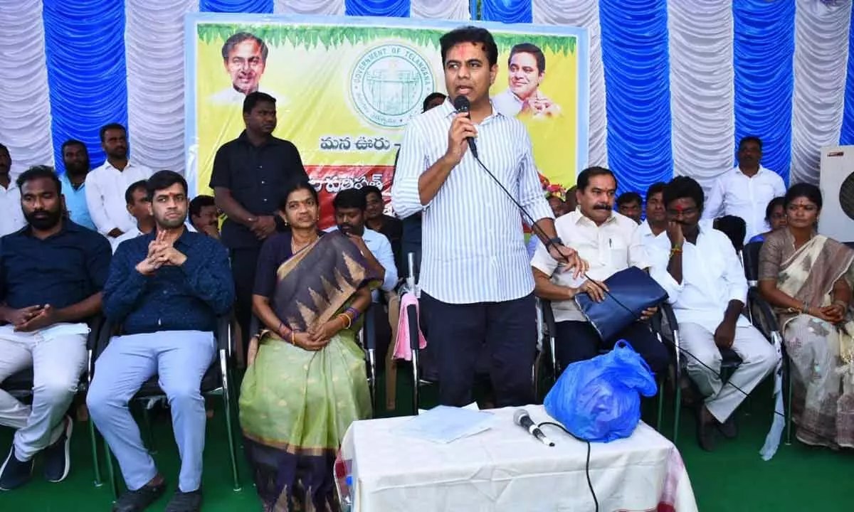 Minister KT Rama Rao addressing a public gathering at Bandalingampally village in Sircilla district on Wednesday