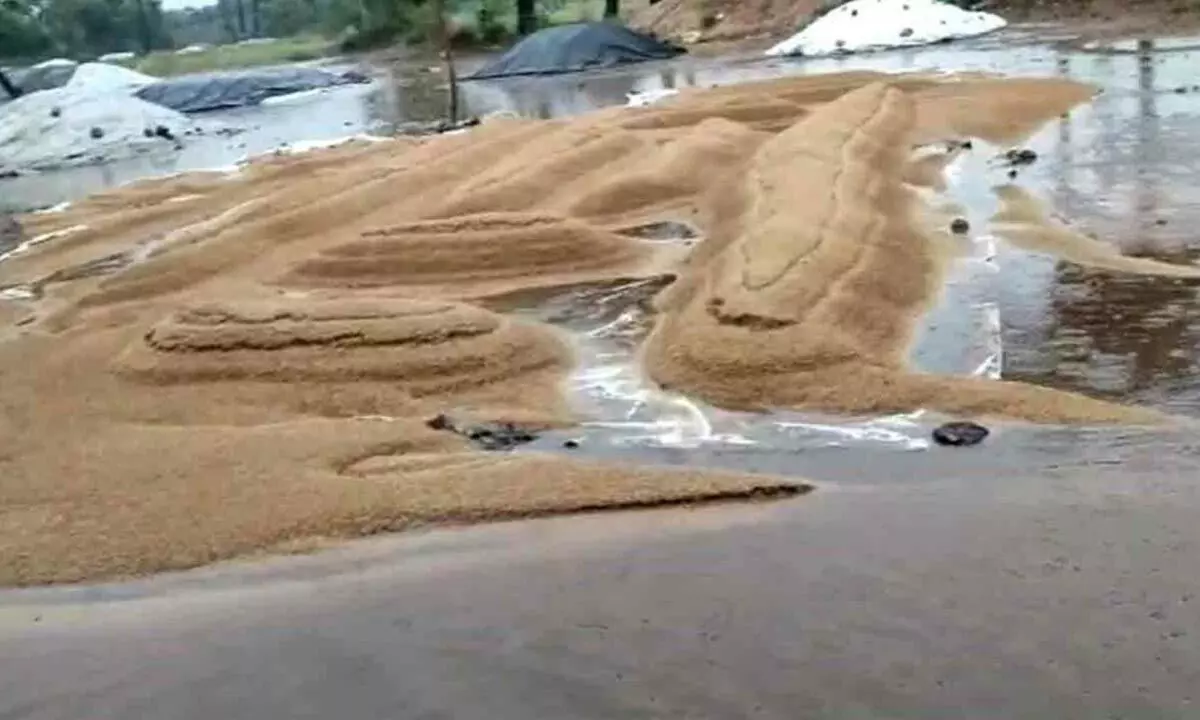 Soaked paddy at an IKP centre in Nalgonda district on Wednesday