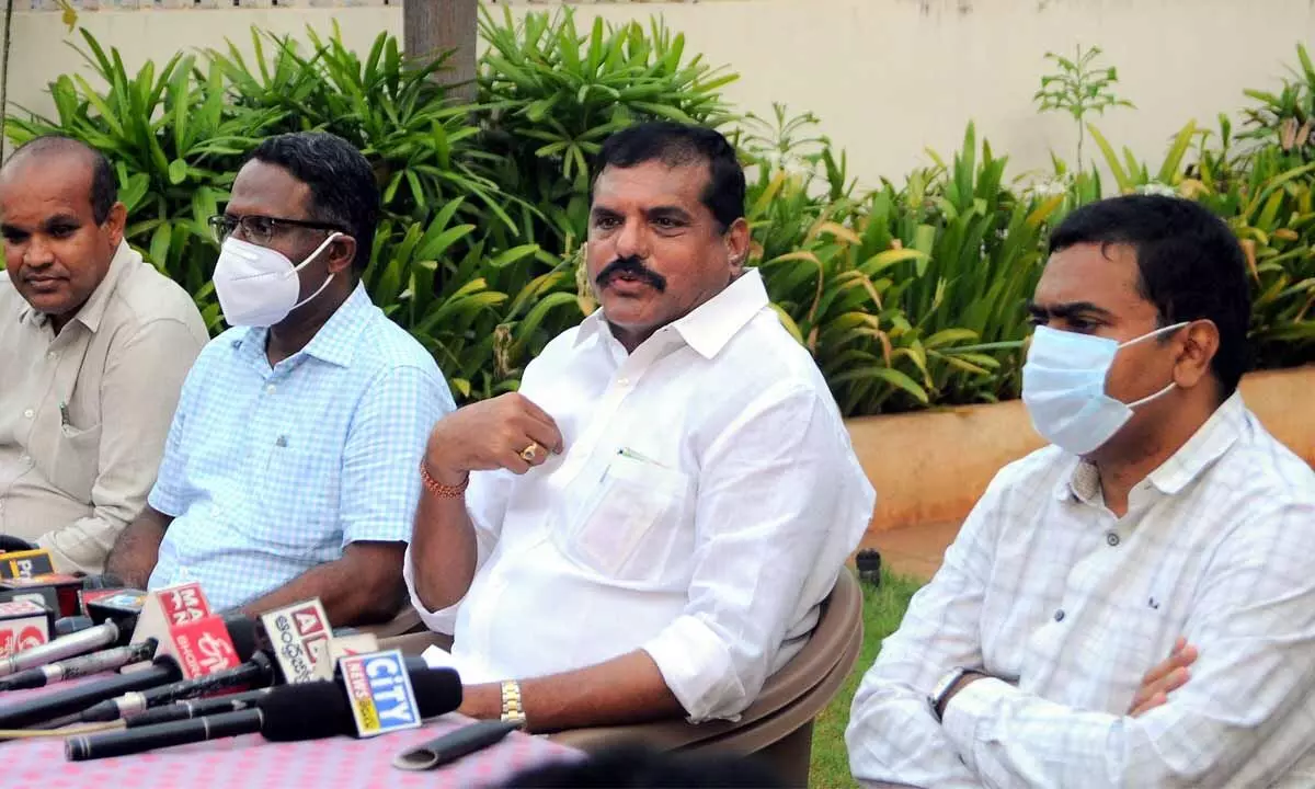 Minister for Education  Botcha Satyanarayana addressing a press conference at Irrigation camp office in Vijayawada on Wednesday