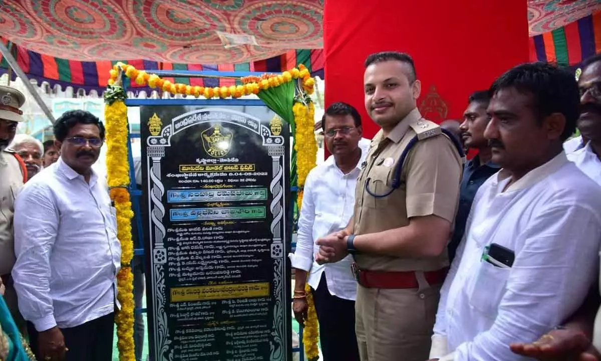 Krishna District SP Siddharth Kaushal and Avanigadda MLA Simhadri Ramesh after laying the foundation stone for a model police station in Mopidevi mandal on Wednesday