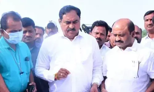 Minister for Panchayat Raj and Rural Development Errabelli Dayakar Rao inspecting the Kakatiya Mega Textile Park map in Sangem mandal of Warangal district on Wednesday